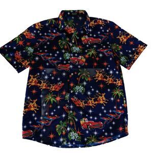 SSLR Collection Men's Hawaiian Shirt Christmas Santa Claus Print Blue Medium